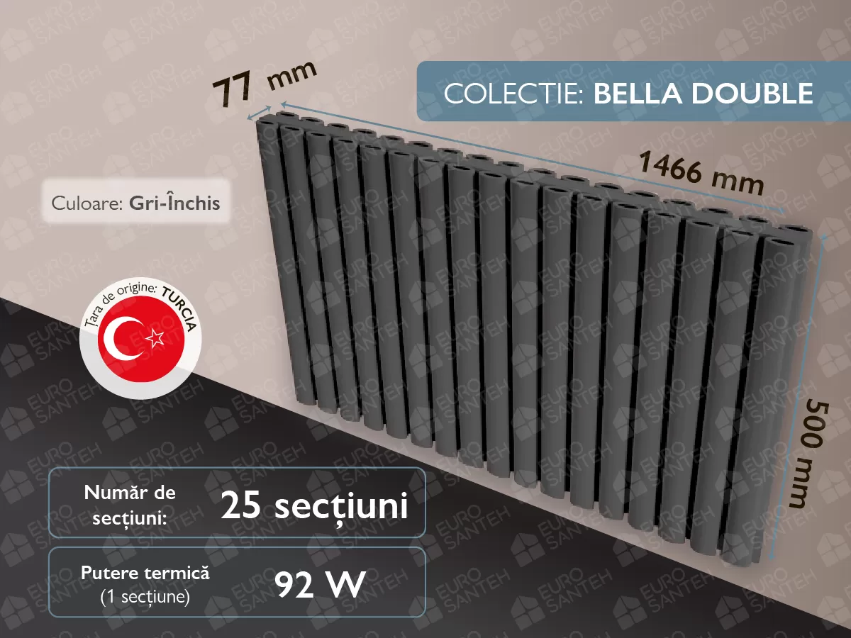 LOJIMAX radiator, BELLA DOUBLE height 500 mm, length 1466 mm. (Color Anthracite grey)