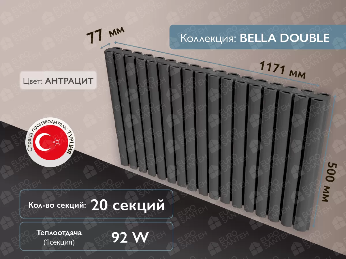 Радиатор LOJIMAX, BELLA DOUBLE высота 500 мм. длина 1171 мм. (Цвет антрацит)