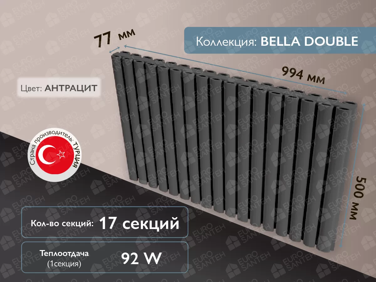 Радиатор LOJIMAX, BELLA DOUBLE высота 500 мм. длина 994 мм. (Цвет антрацит)