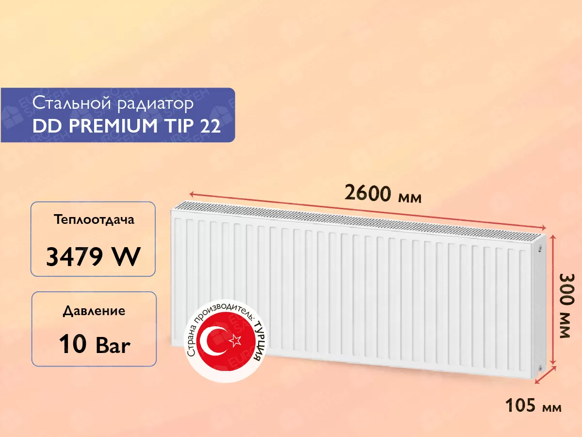 Стальной панельный радиатор DD PREMIUM TIP 22 300x2600