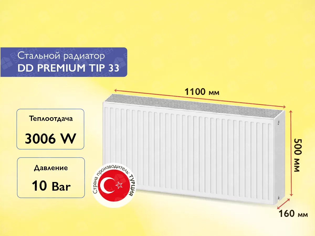 Стальной панельный радиатор DD PREMIUM TIP 33 500x1100