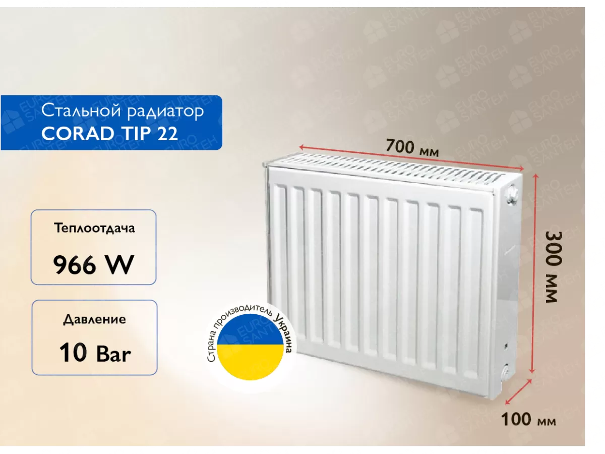 Стальной панельный радиатор CORAD TIP 22 300x700