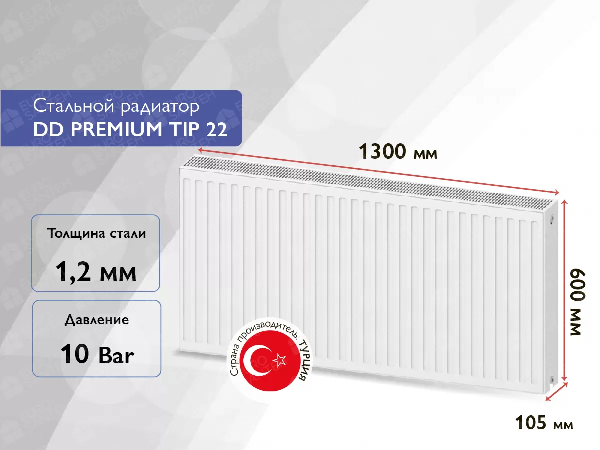 Стальной панельный радиатор DD PREMIUM TIP 22 600x1300