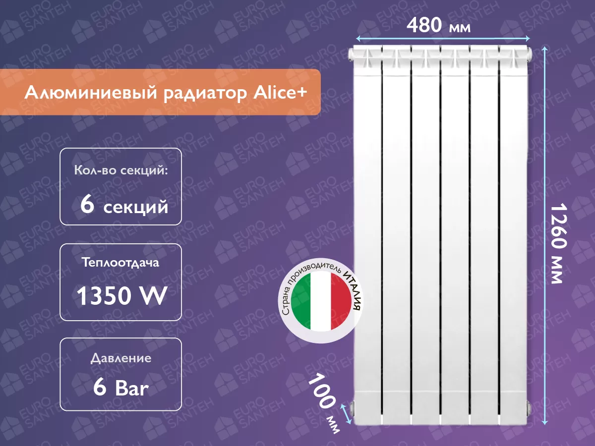 Алюминиевый радиатор Alice+ 1200 (6 элементов)