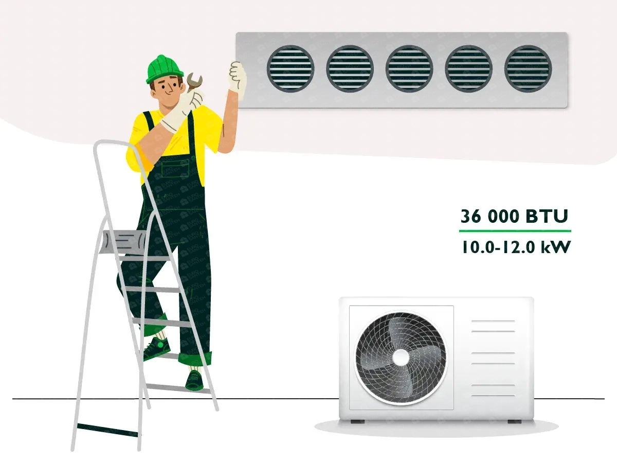 Standard installation of channel air conditioners with a capacity of 36000 BTU (10.0 - 12.0 kW)