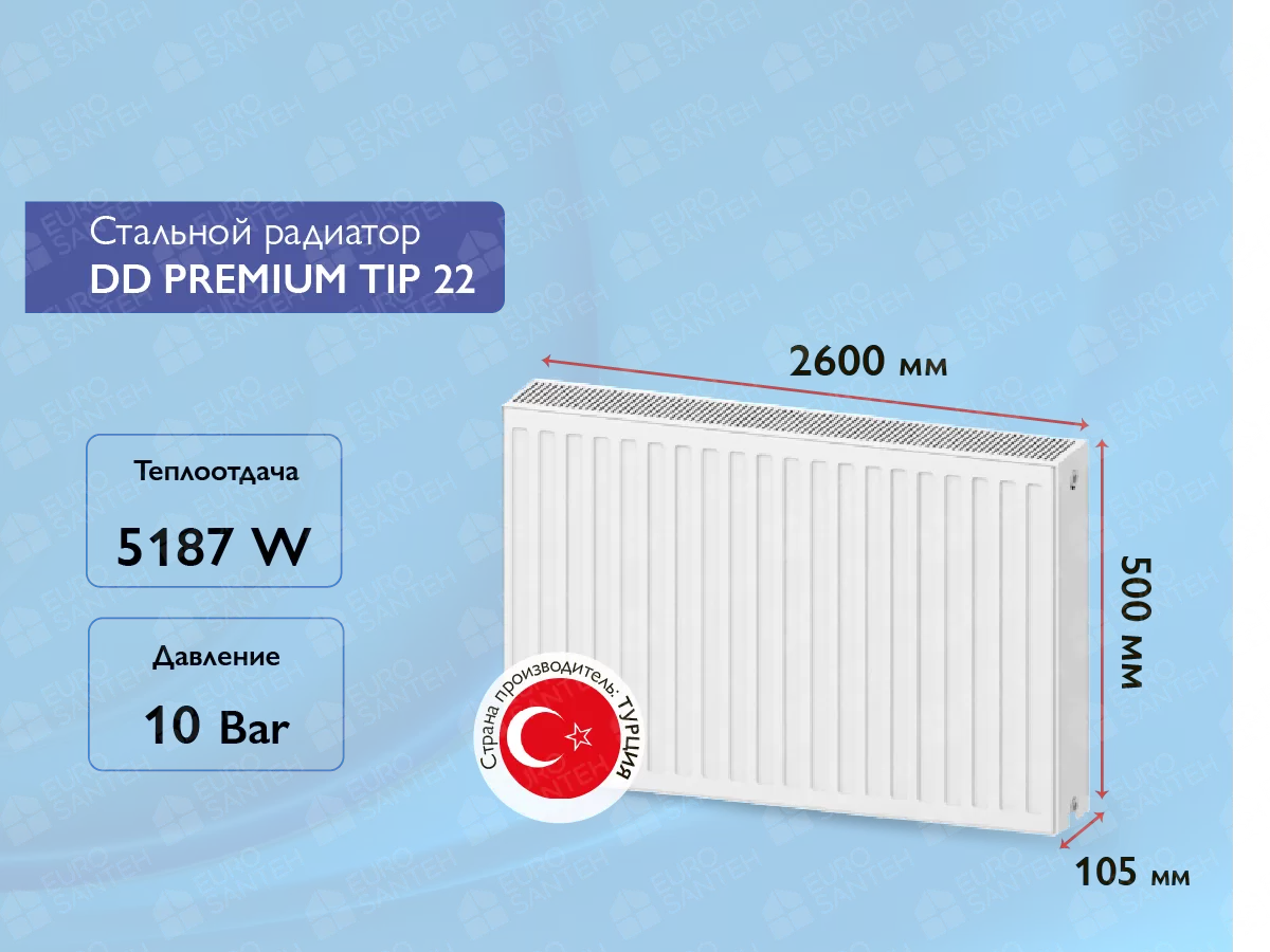 Стальной панельный радиатор DD PREMIUM TIP 22 500x2600