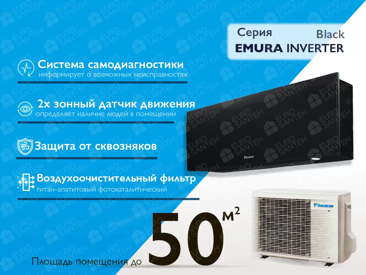 Кондиционер DAIKIN Inverter R32 EMURA FTXJ50AB+RXJ50A R32 A+++ (чёрный)