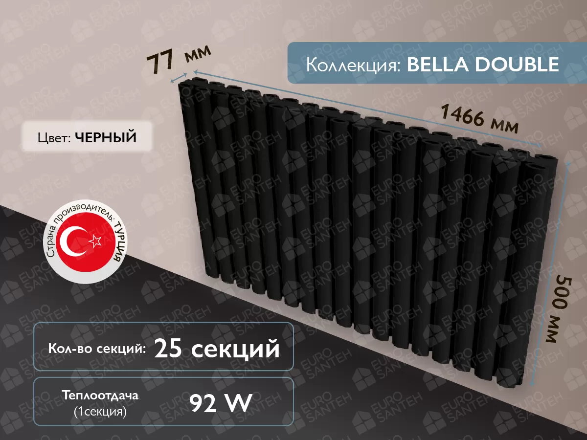 Радиатор LOJIMAX, BELLA DOUBLE высота 500 мм. длина 1466 мм. (Цвет черный)