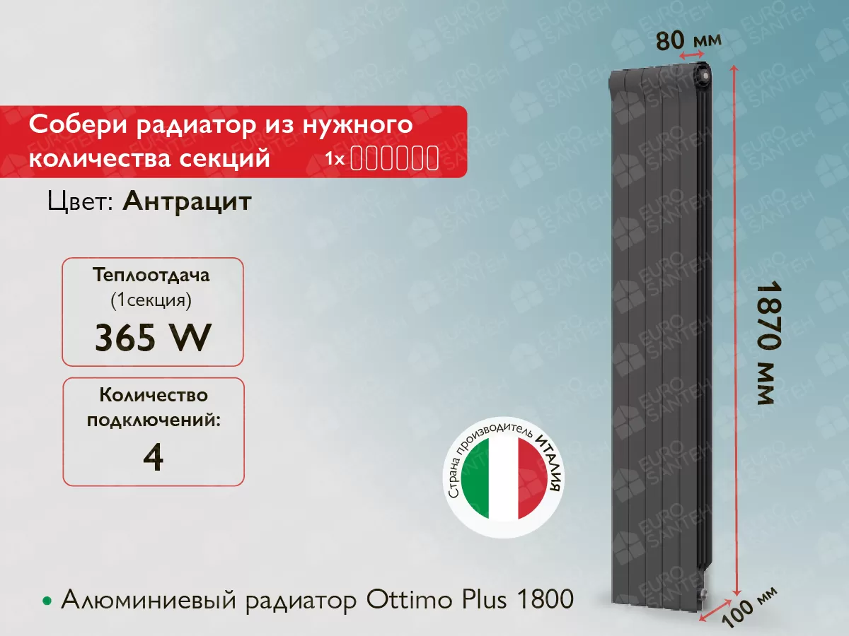 Алюминиевый радиатор Ottimo Plus 1800 Anthracite