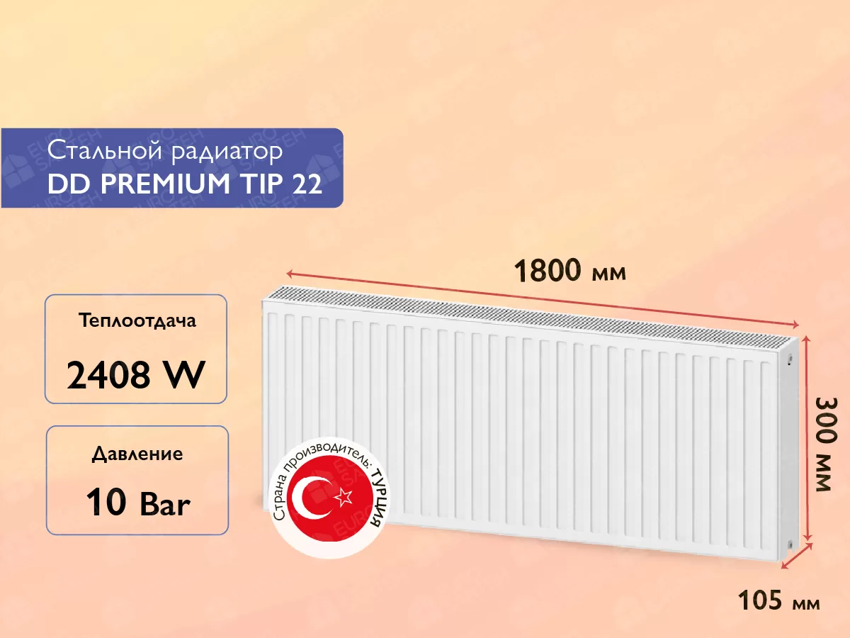 Стальной панельный радиатор DD PREMIUM TIP 22 300x1800