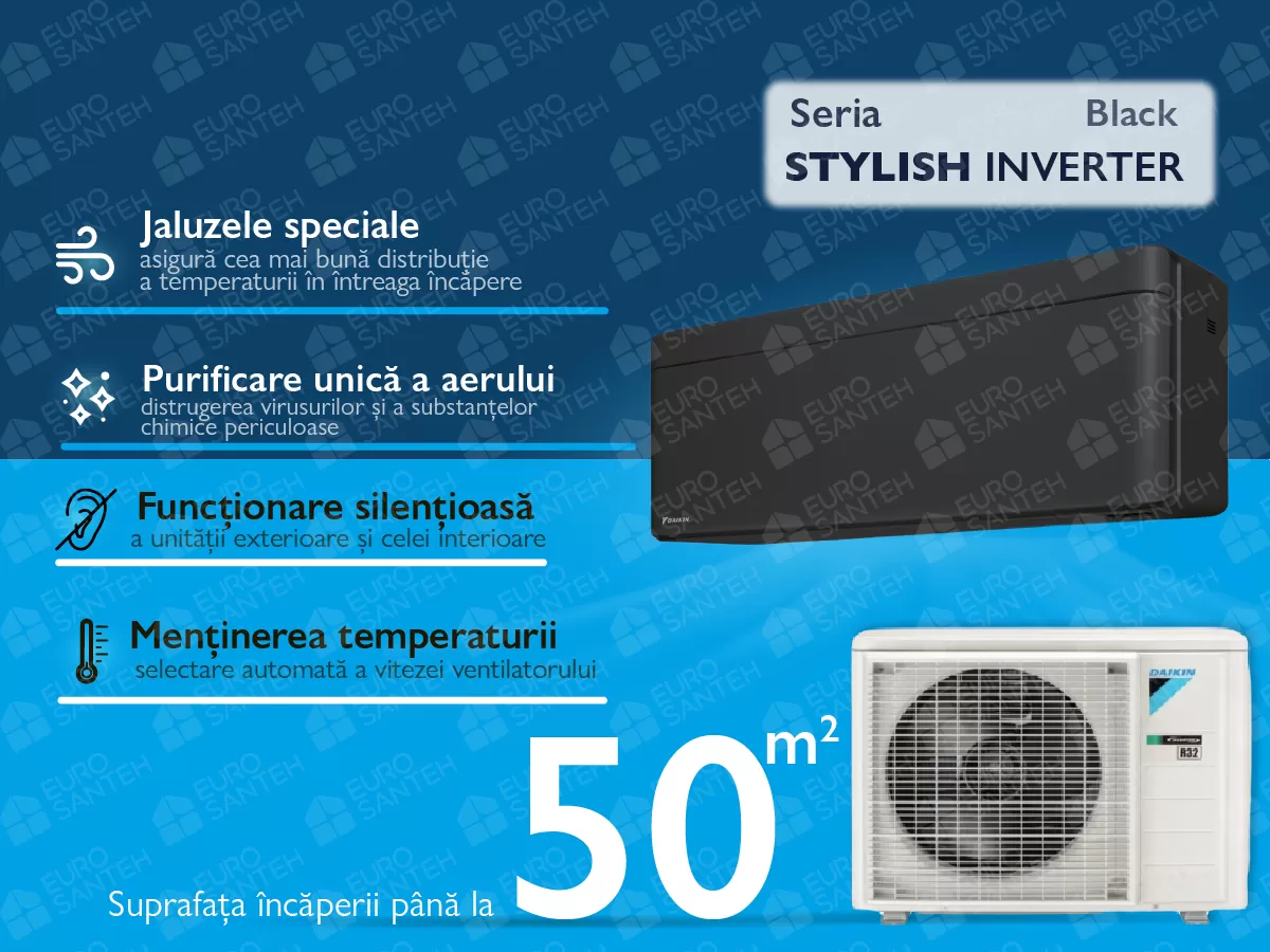 Conditioner DAIKIN Inverter STYLISH FTXA50BB+RXA50A negru mat A++