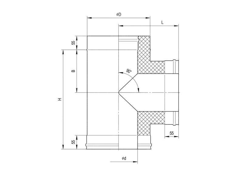 90 ° non-insulated tee for FERRUM chimney d.180 mm (stainless steel 430 / 0.5 mm)