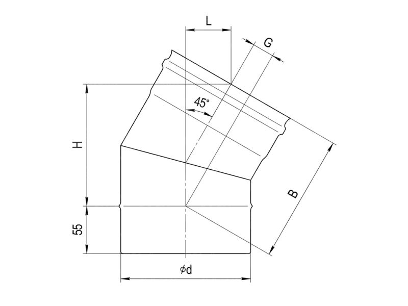 Cot 45° ne izolat pentru cos de fum FERRUM d.150 mm (inox 430/0,8 mm)