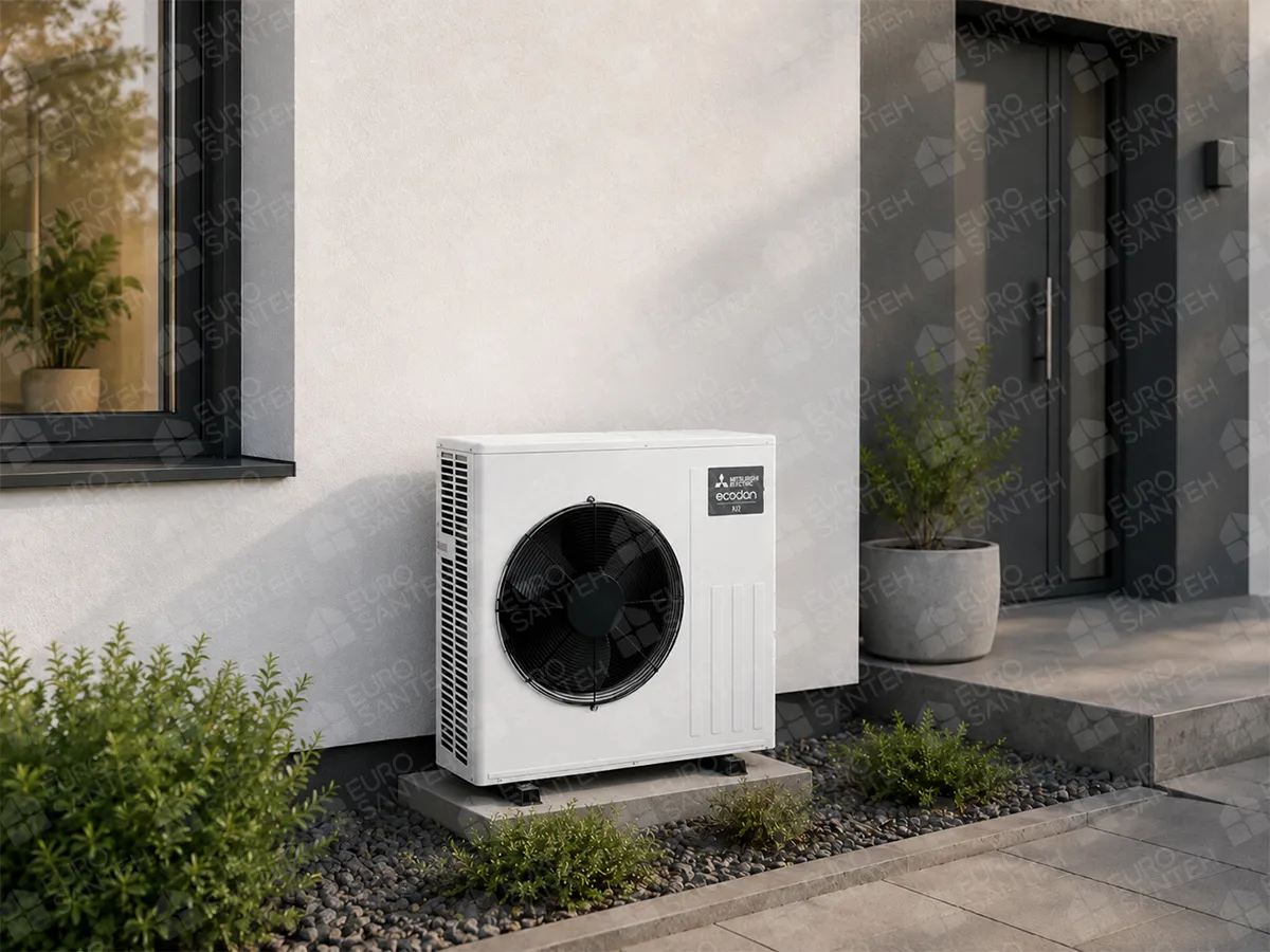 Heat pump outdoor unit Mitsubishi Electric Ecodan Eco Inverter SUZ-SWM100VA, installed outside