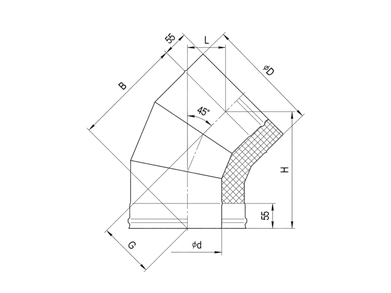 45 ° insulated elbow for FERRUM chimney d.115-200 mm (stainless steel 430 / 0.5 mm)