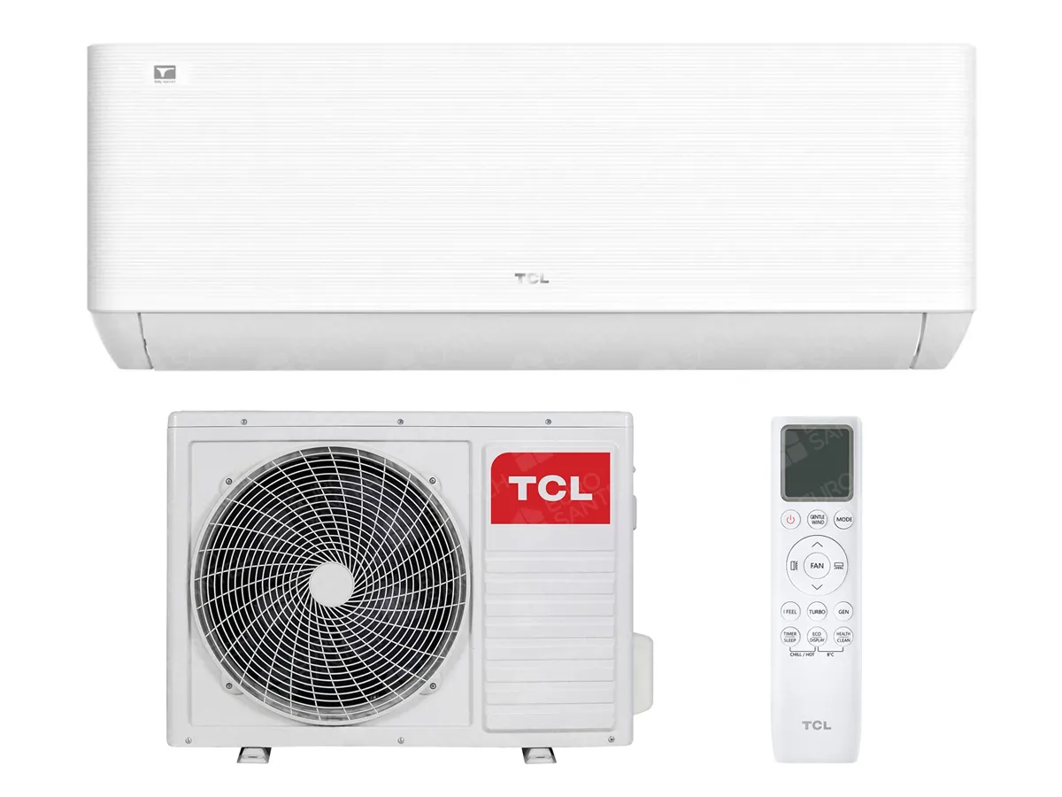 Indoor and outdoor units of the TCL Ocarina HEAT PUMP air conditioner, remote control