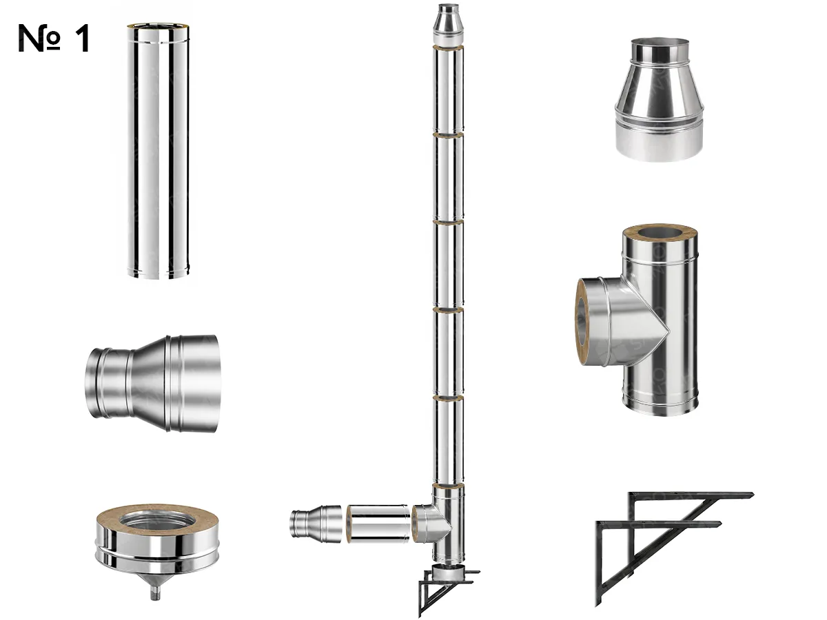 Kit complet coș de fum INOX izolat AISI 304, Ø180–250 mm, lungime 6 m, pentru cazane 30–50 kW (Varianta №1)