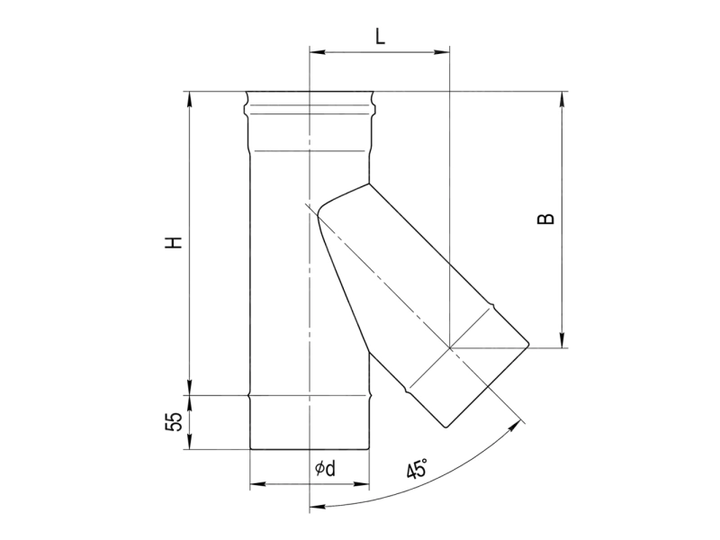 Teu 45° ne izolat pentru cos de fum FERRUM d.115 mm (inox 430/0,8 mm)