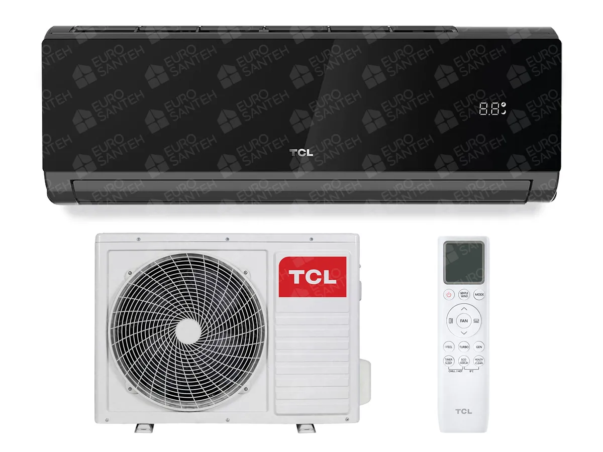 Indoor and outdoor units of the TCL ELITE BLACK air conditioner, remote control