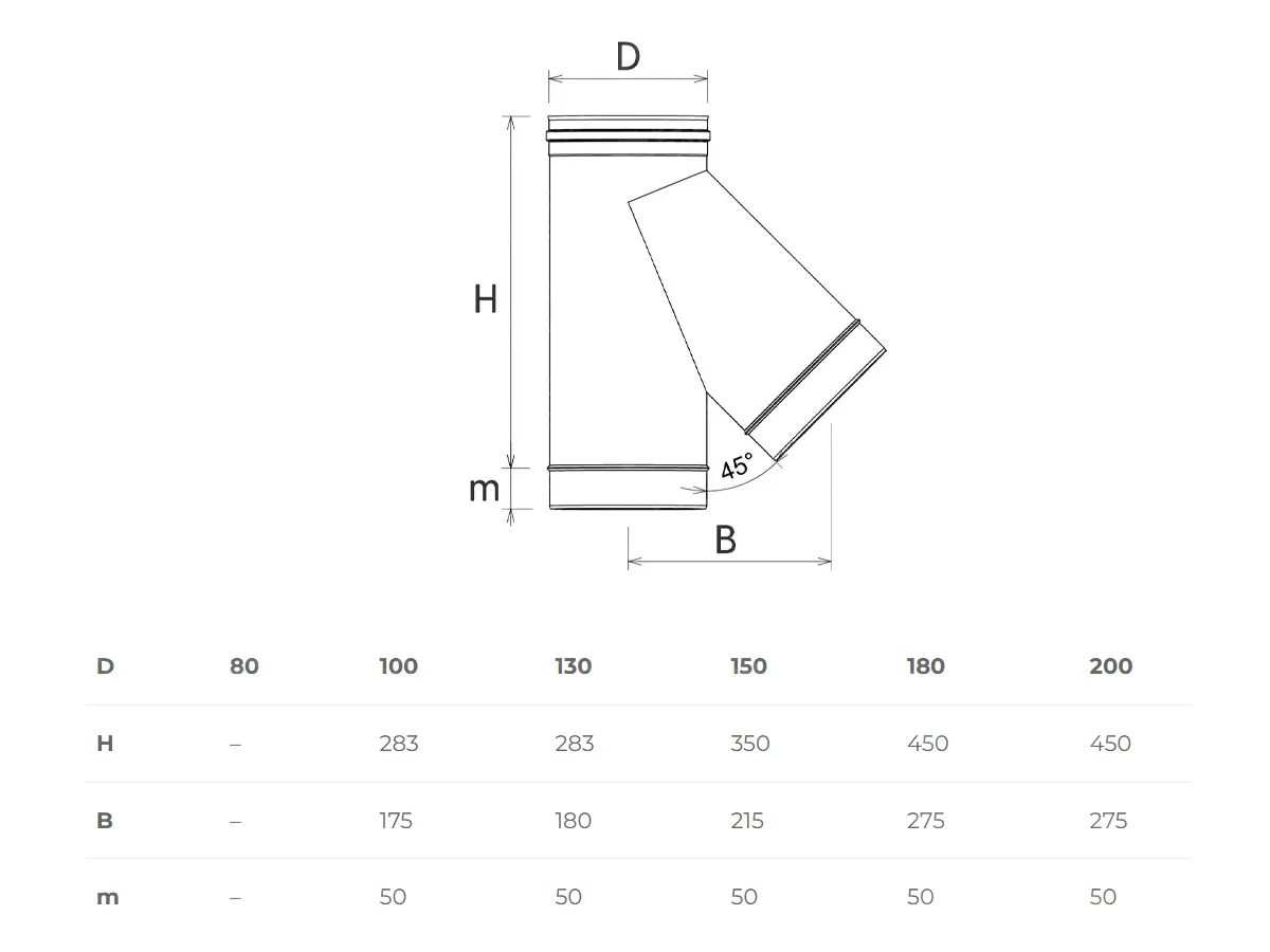 135° chimney tee SOLINOX Ø200 (inox 316L), dimensions