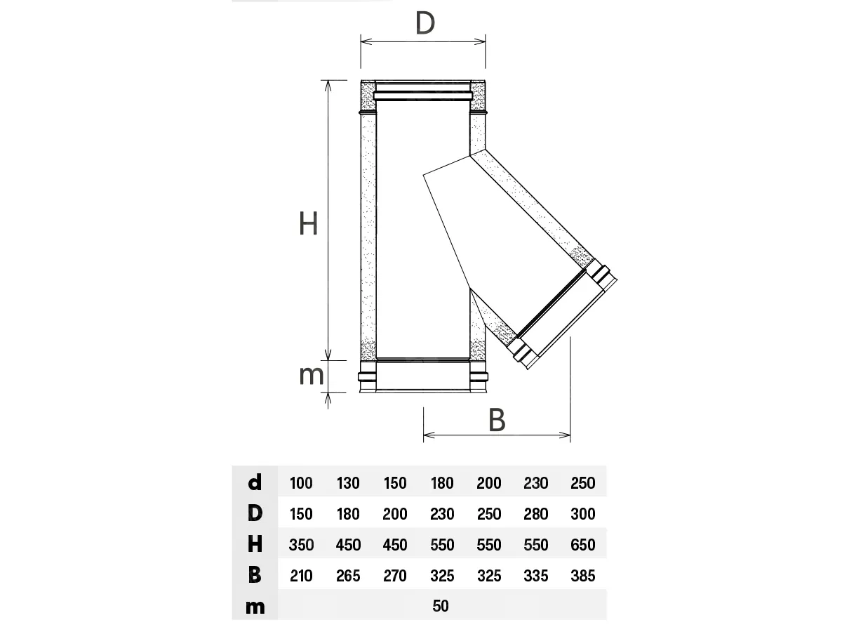 Insulated 135° chimney tee SOLINOX Ø200–250 (inox 316/304), dimensions