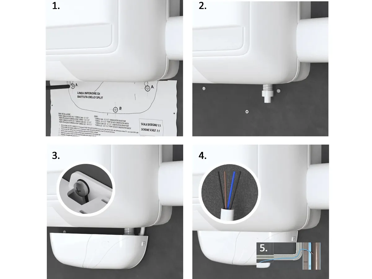 Schema de instalare a unei pompe pentru evacuarea condensului de sub unitatea split SORRISO,