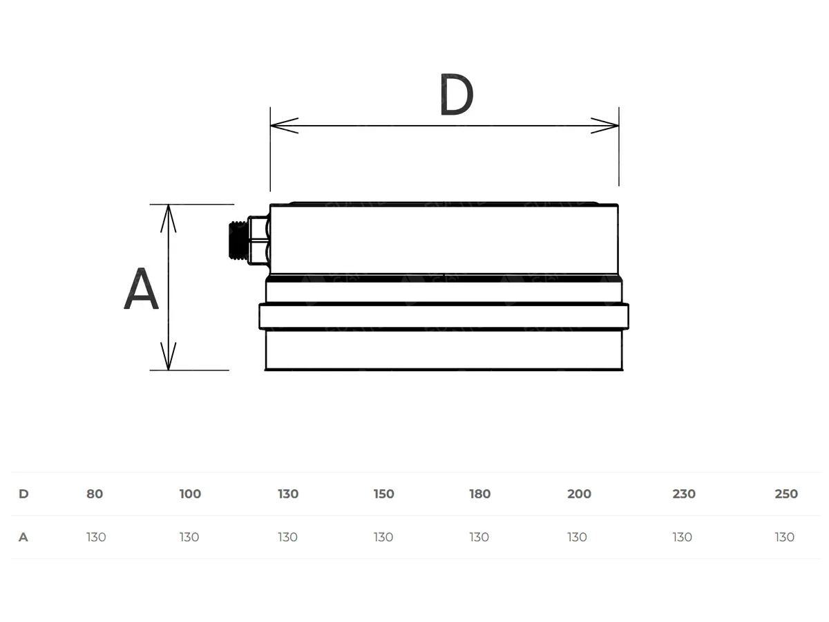 Заглушка дымоходная с боковым конденсатоотводчиком SOLINOX Ø150 (inox 304), размеры