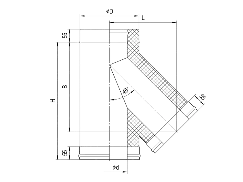 Teu 45° izolat pentru cos de fum FERRUM d.180-280 mm (inox 430/0,5 mm)