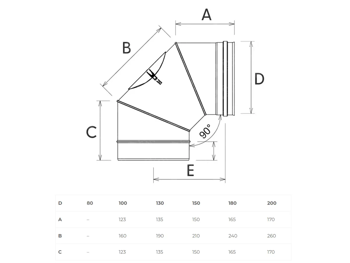 90° chimney elbow with inspection opening SOLINOX Ø150 (inox 316), dimensions