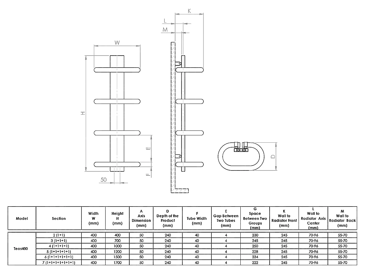 Dimensions of the LOJIMAX TEOS designer towel warmer