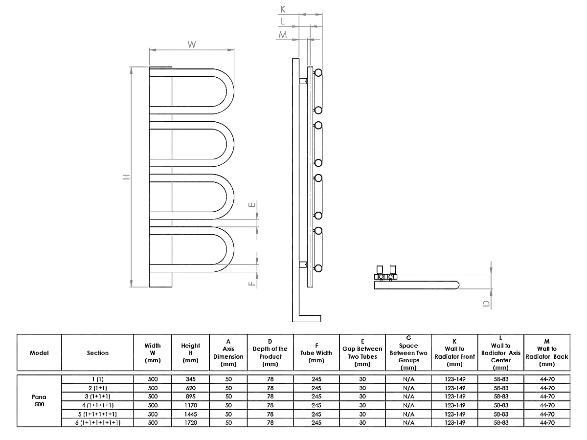 Dimensions of the LOJIMAX PANA designer towel warmer