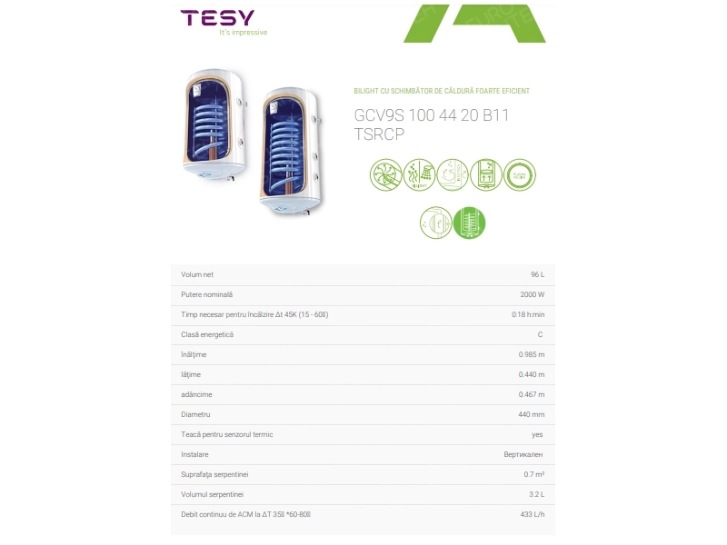 Boiler electric+autonom TESY GCV9S 100 44 20 B11 TSRCP