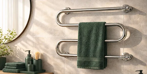 Water heated towel rail installation with proper system connection
